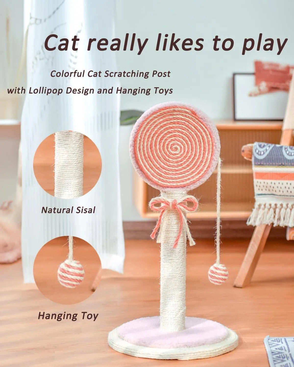 Blue cat scratching post with natural sisal rope and a hanging ball on a sturdy wooden base.