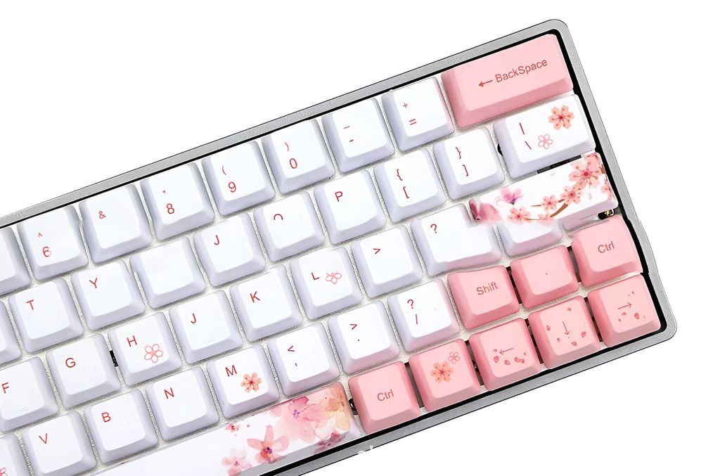 Set of pink PBT mechanical keyboard keycaps with sublimation printing on an OEM profile