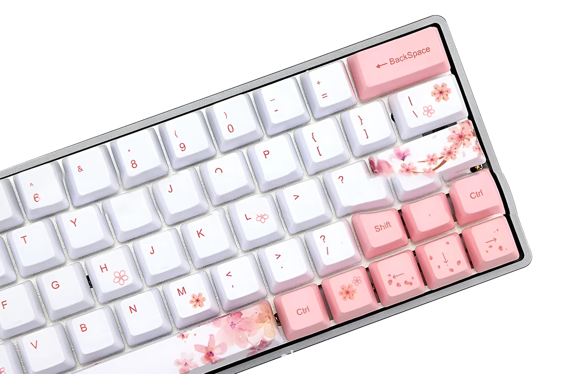 Set of pink PBT mechanical keyboard keycaps with sublimation printing on an OEM profile