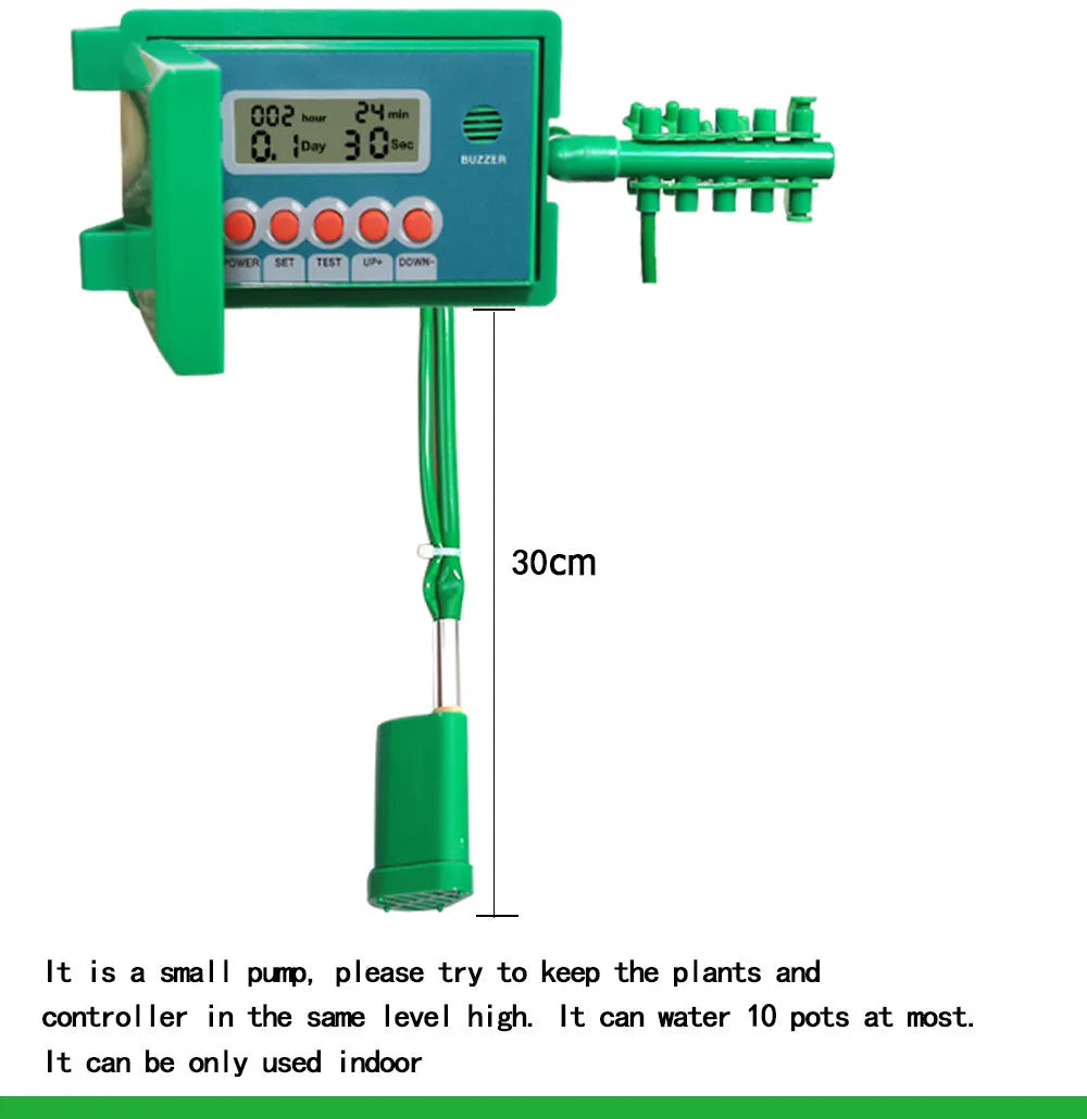 Green ABS automatic micro drip irrigation kit with smart controller, pump, 10 m vinyl tube and ten stainless steel pegs