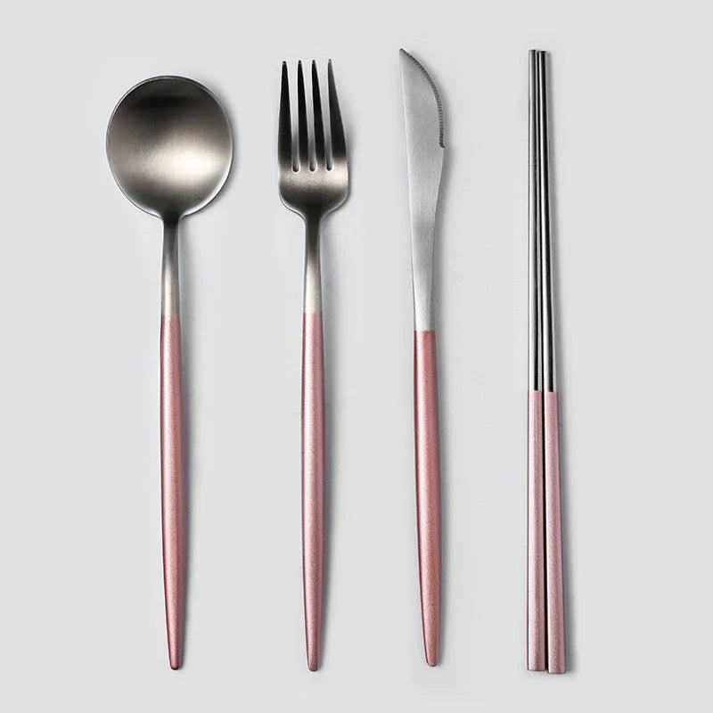 Premium stainless steel cutlery set with a mirror-polished finish, including coffee spoons, dessert spoons, main meal spoons, dessert forks, main forks, and chopsticks, presented in a stylish gift box.