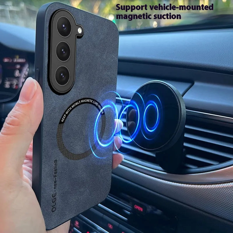 Samsung magnetic wireless charging phone case in graphite black imitation leather, back cover design
