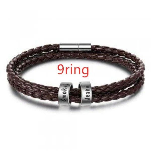 Personalized leather bracelet with engraved name charm for men, featuring a braided design and stainless steel beads