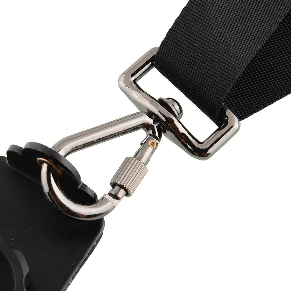Black dual camera harness strap for two SLR cameras with shoulder padding