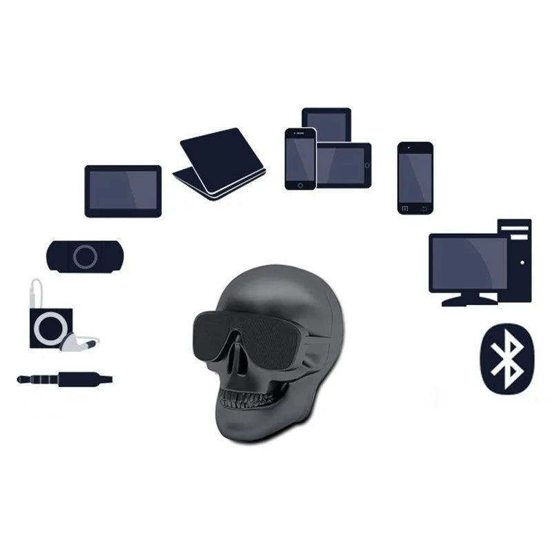 Limited Edition Skull-themed portable Bluetooth speaker in choice of six colours on a table.