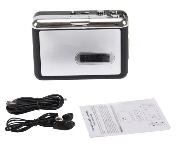 White USB Cassette to MP3 Converter with earphone and USB cable for tape digitisation