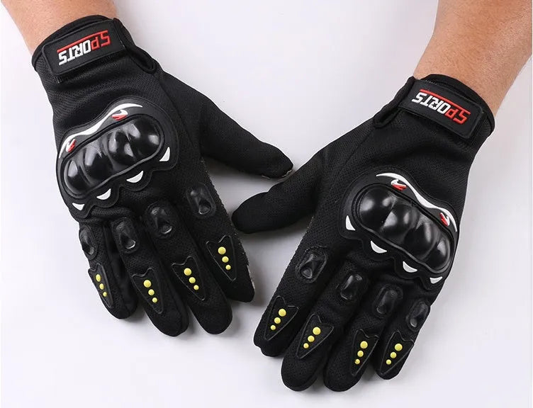 Full finger sports gloves with hard shell, anti-slip palm, touch screen finger and thumb, available in black, blue, and red.