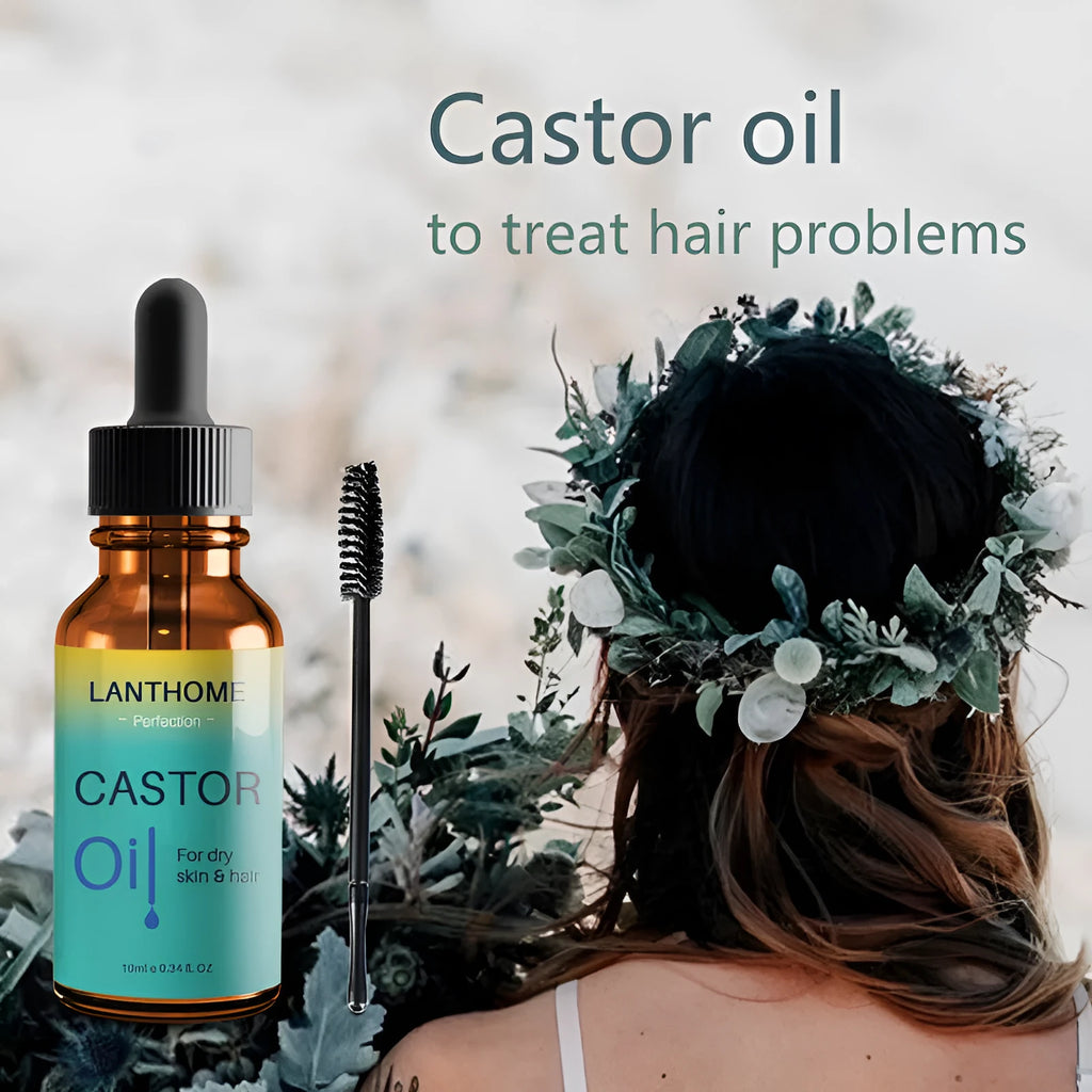 Lanthoma castor oil bottle with brush for eyebrows, eyelashes, and hair care