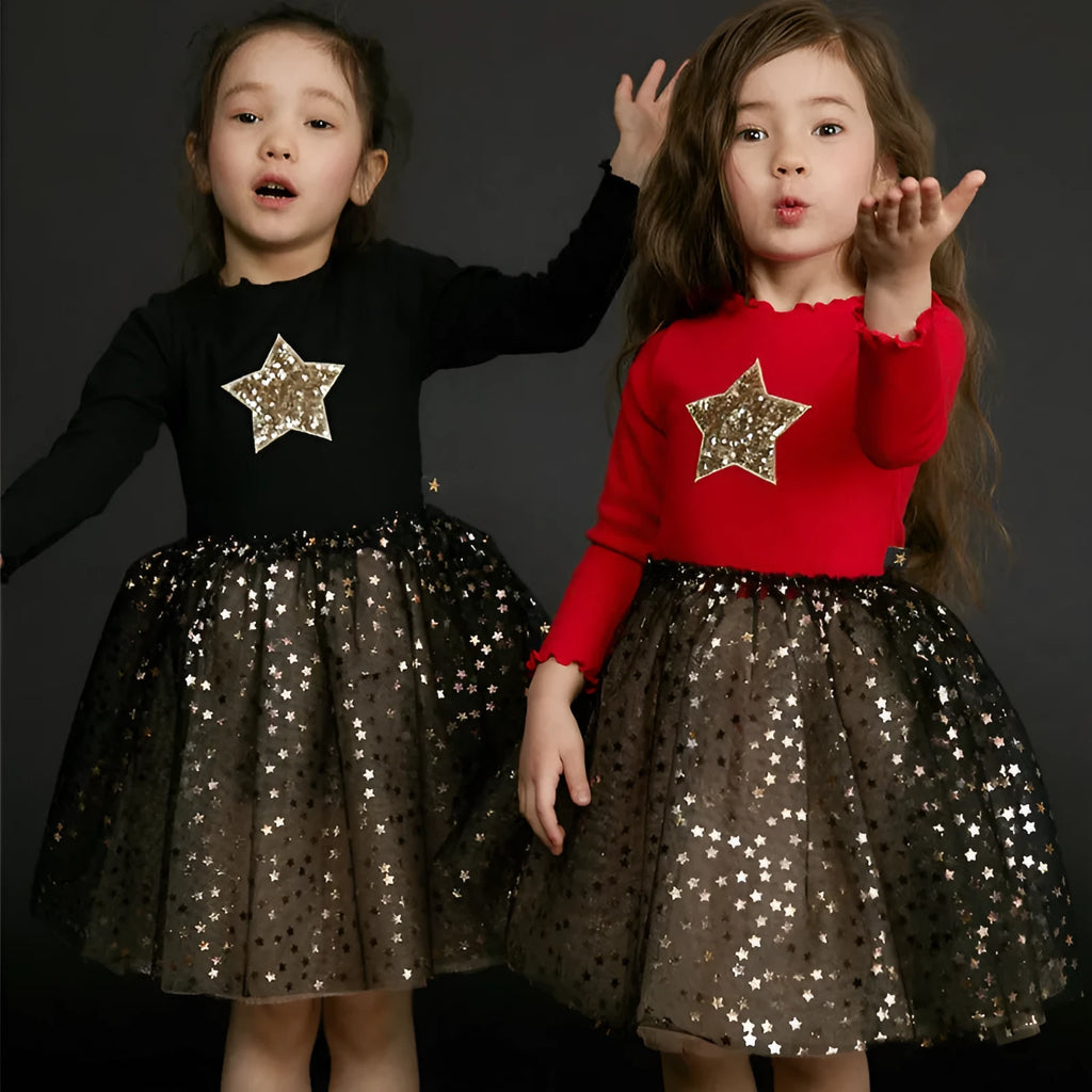 Girls' red cotton Christmas princess dress with lace trim, bow, and embroidered star decoration, long sleeves