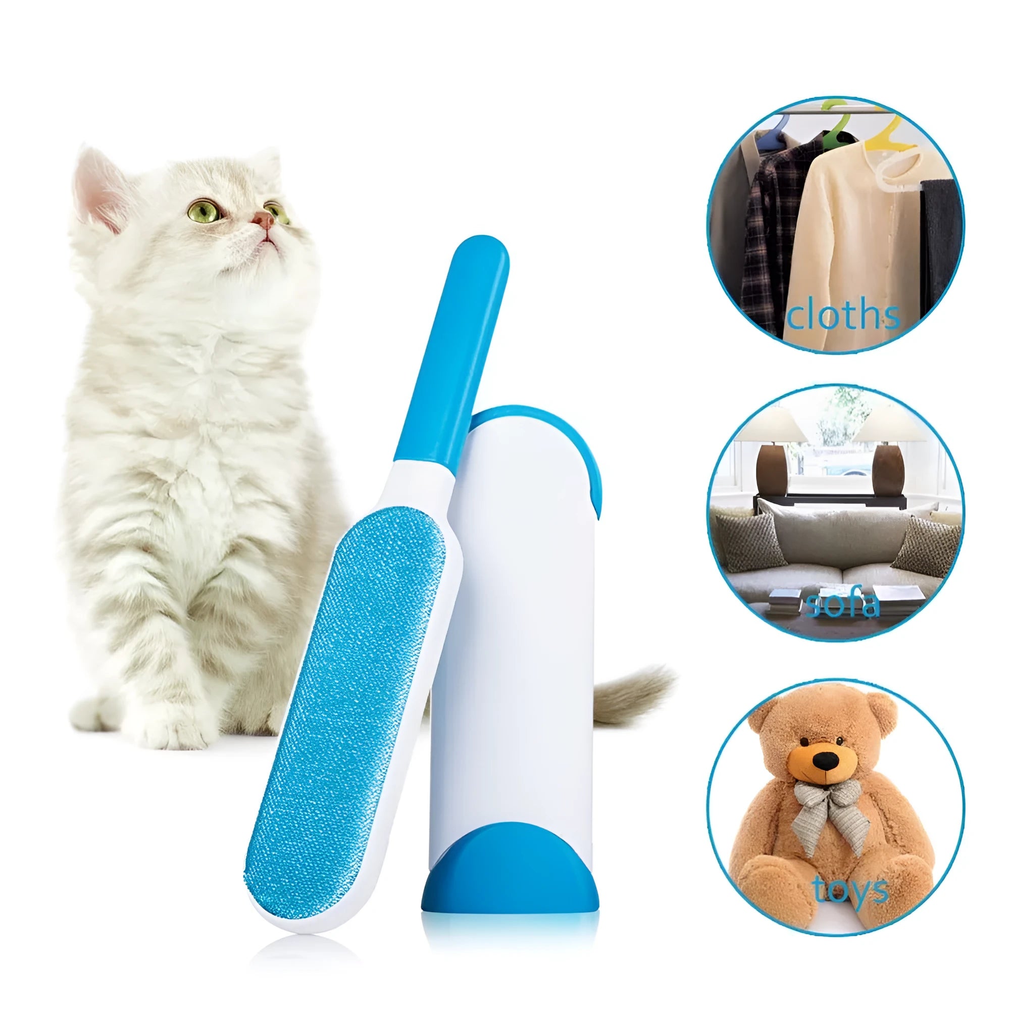 Blue self-cleaning pet hair remover brush with double-sided roller next to its cleaning base.