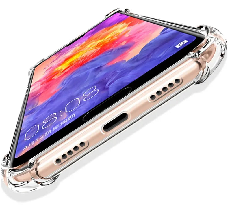 Transparent TPU phone case for Huawei and Honor smartphones showing clear design and model compatibility