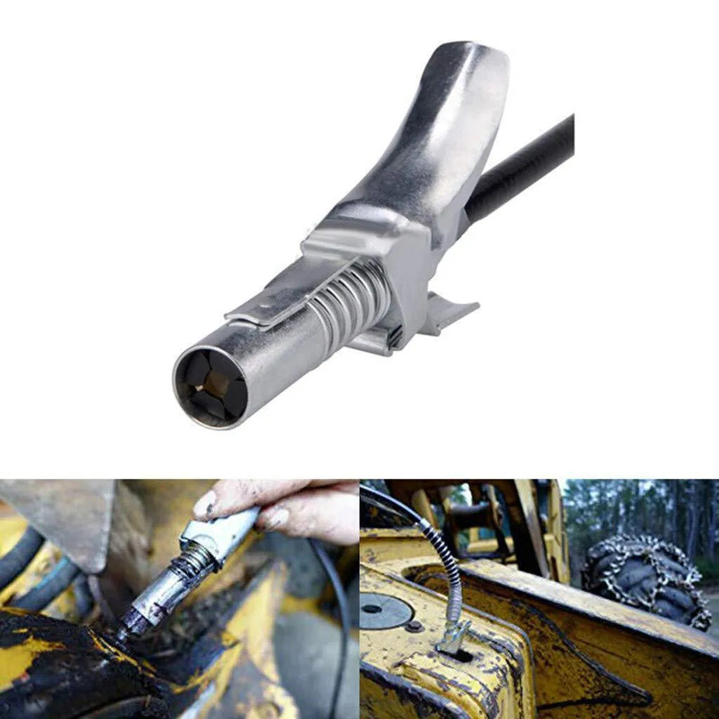 Silver lock-clamp high-pressure grease nipple new style on a clean workbench