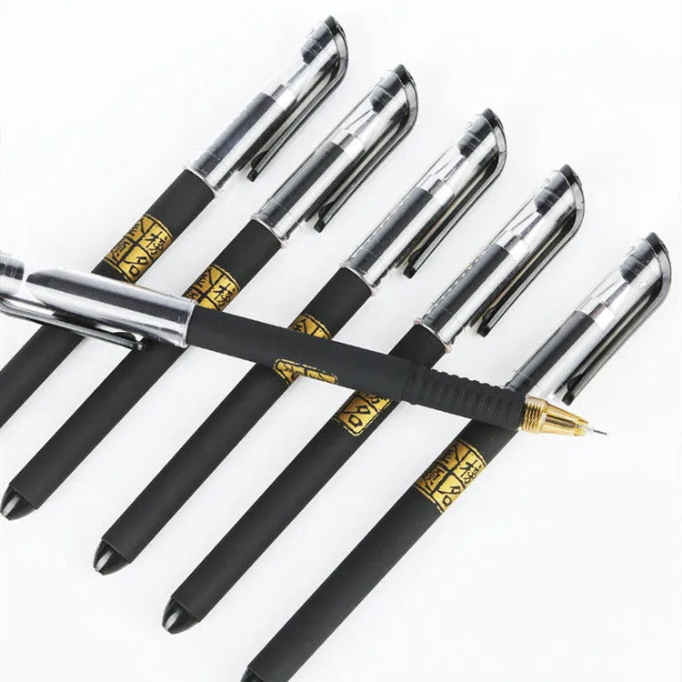 Set of eight black gel pens with anti-fatigue grips, showing bullet and needle tip options.