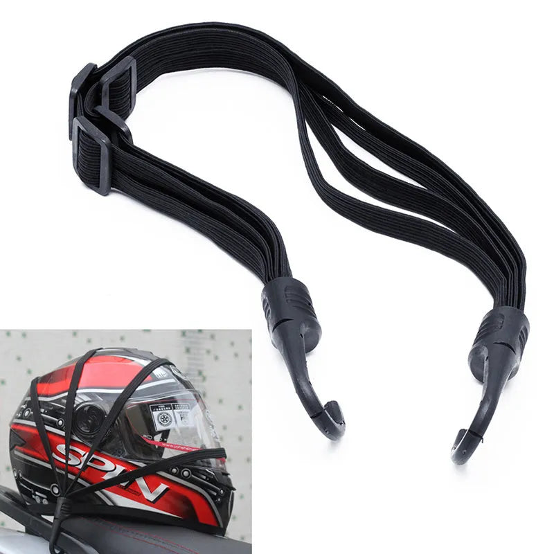 Black retractable motorcycle helmet strap with two metal hooks on a white background
