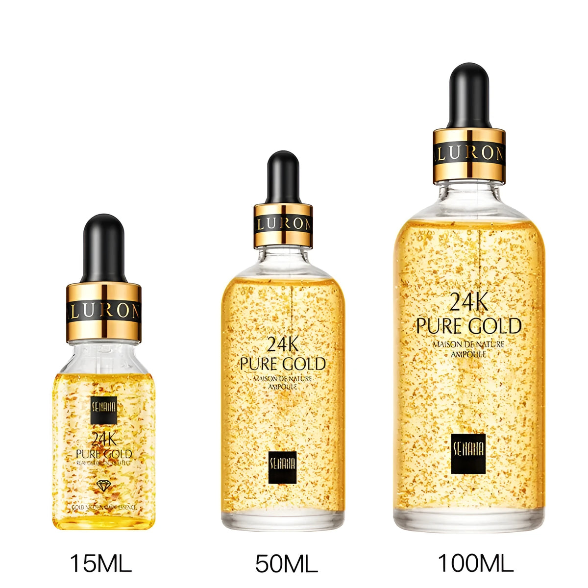 24K gold nicotinamide anti-aging facial essence in a glass bottle with three size options 15ml, 50ml, 100ml