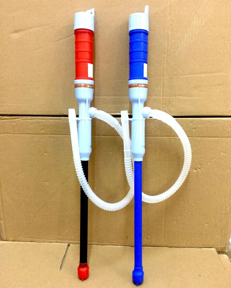 Manual hand pump fuel transfer siphon in blue or red colours for gasoline oil water chemical liquids