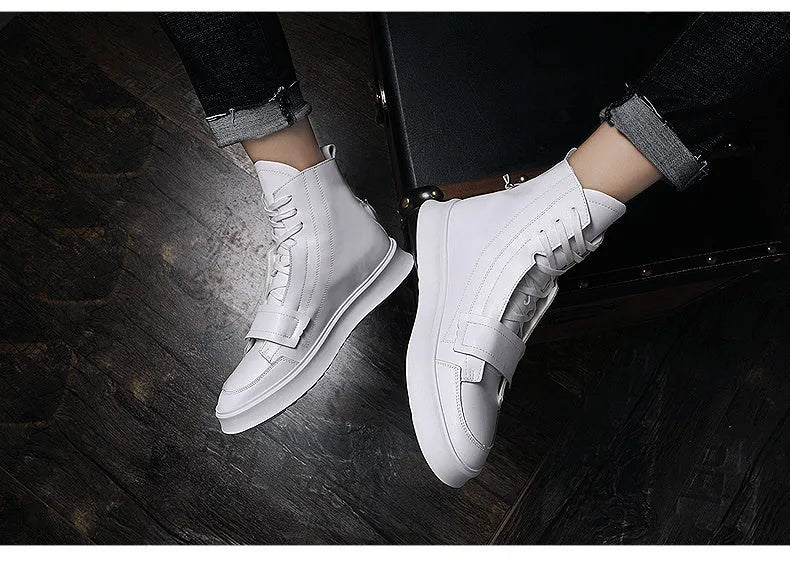Men's black and white PU leather ankle boots with a high-top sneaker design for winter.