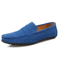 Men's brown suede slip-on loafers with round toe and flat rubber sole on a white background