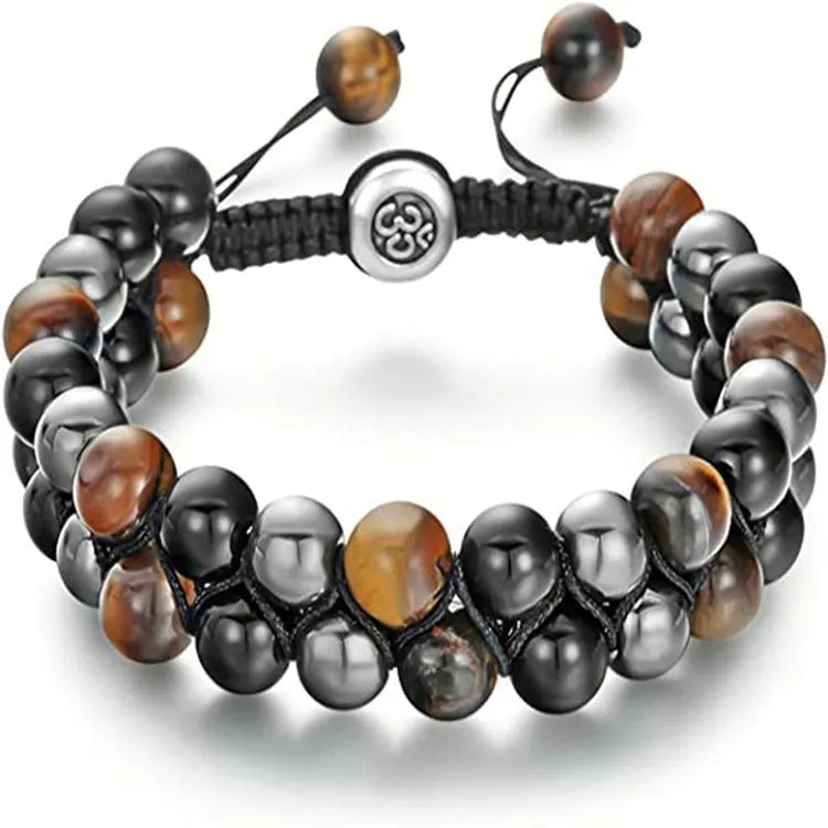 Men's handmade double-layer woven tiger eye bracelet with geometric pattern