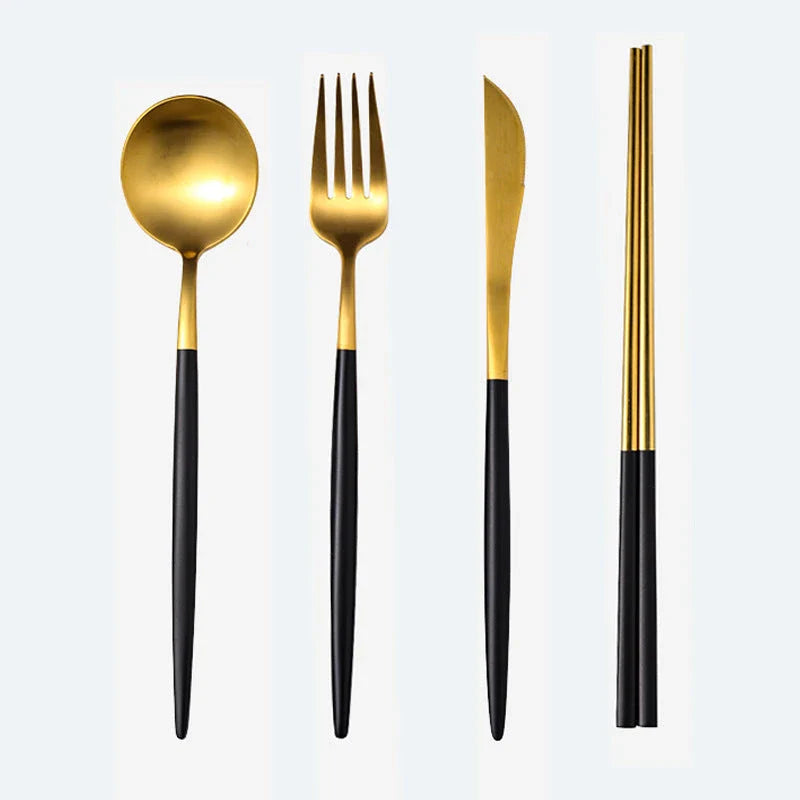 Premium stainless steel cutlery set with a mirror-polished finish, including coffee spoons, dessert spoons, main meal spoons, dessert forks, main forks, and chopsticks, presented in a stylish gift box.