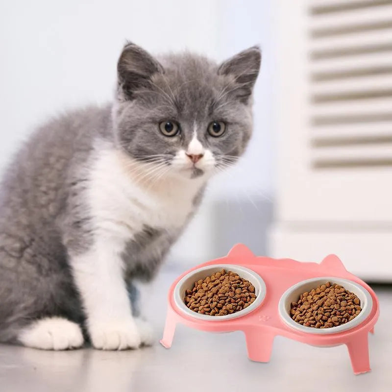 Blue ceramic cat food and water bowls in a white elevated plastic stand with a hook.
