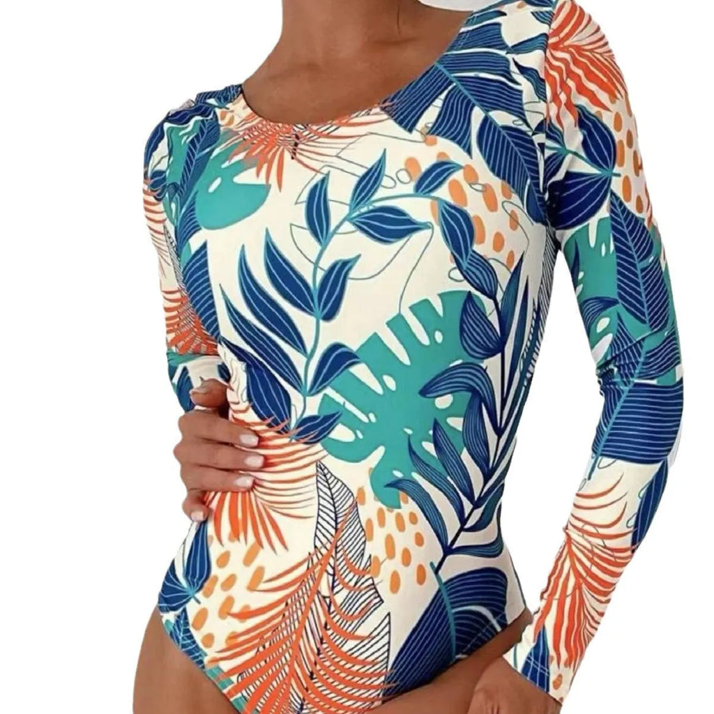 Women's floral print one-piece swimsuit with split backless design in blue colour