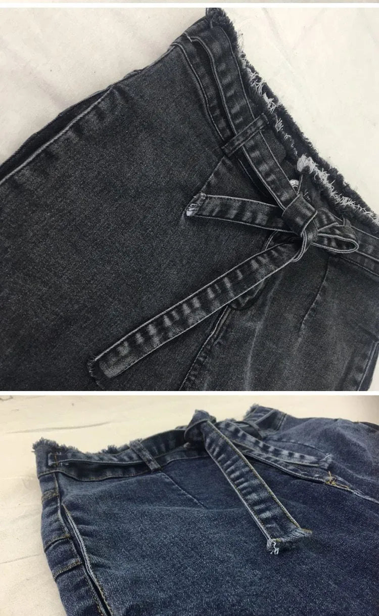Fringed jeans with distressed detailing and raw hem fringe in cowboy fabric available in three colours
