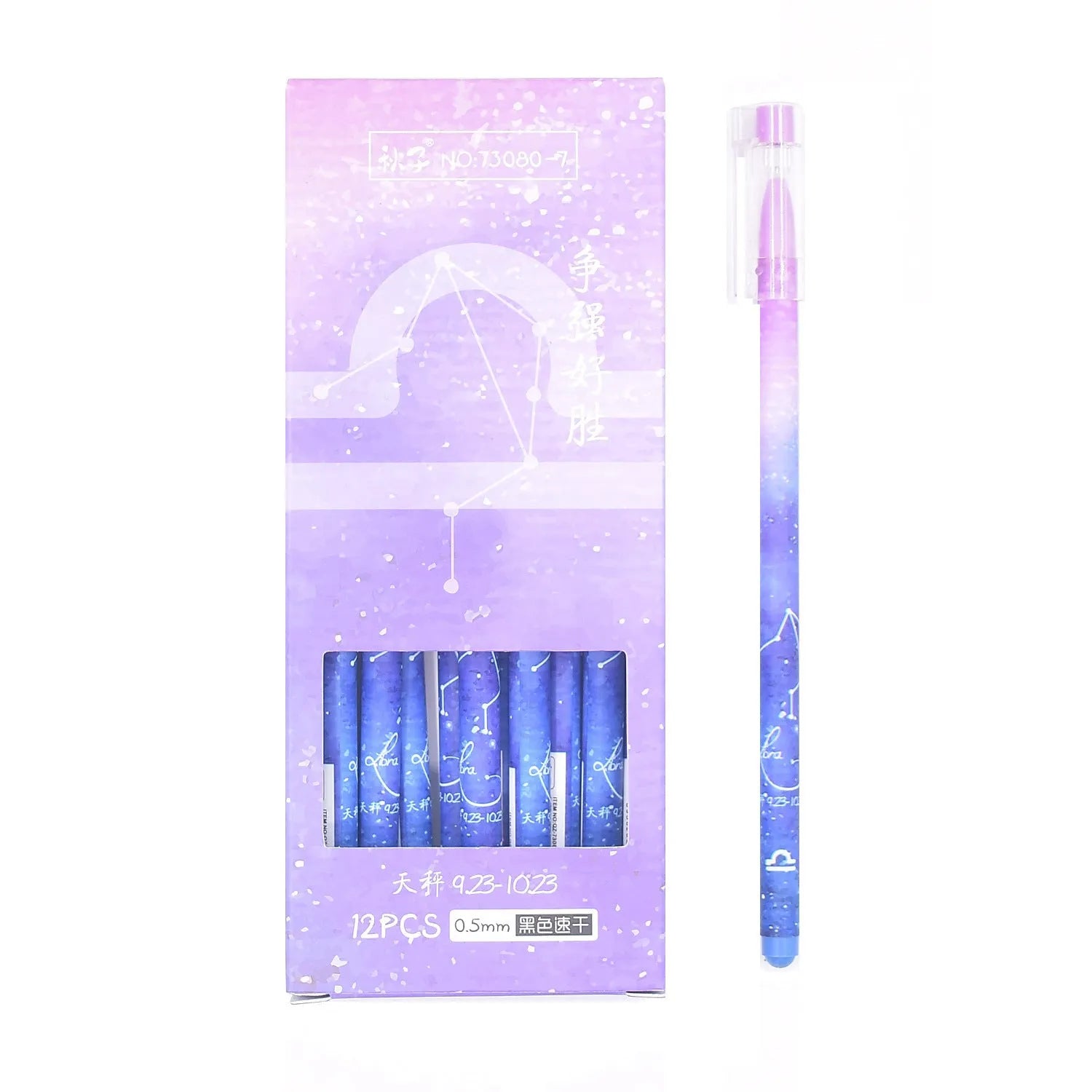 Box containing 12 colourful Constellation quick-drying gel pens for office and writing tasks.