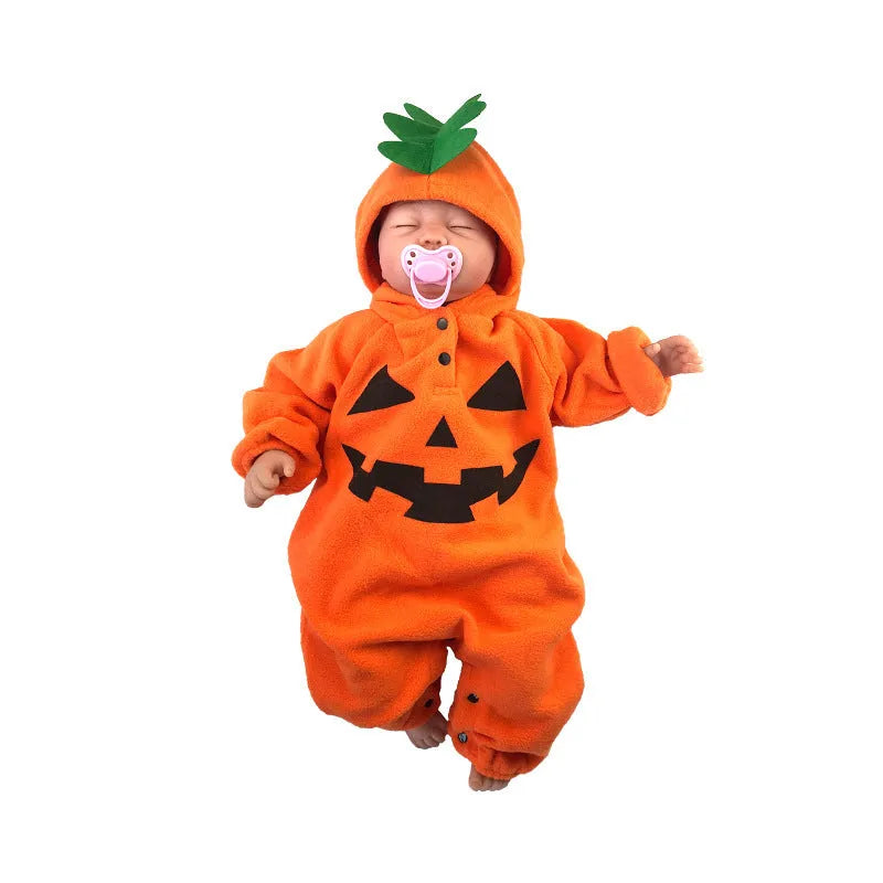Baby Halloween romper in orange or red, long sleeve cotton pullover, sizes 70cm to 95cm, unisex.