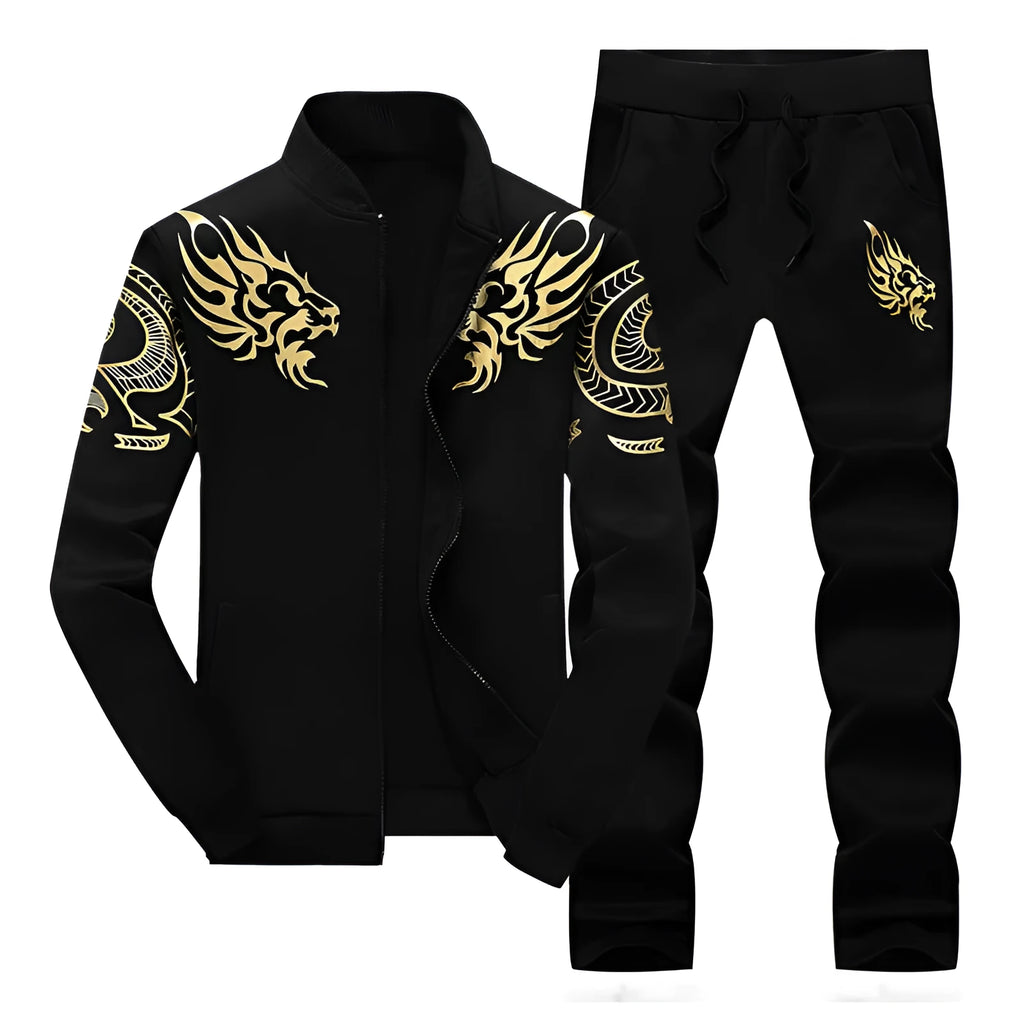 Men's autumn casual suit set black long-sleeved jacket and matching trousers front view