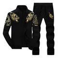 Men's autumn casual suit set black long-sleeved jacket and matching trousers front view