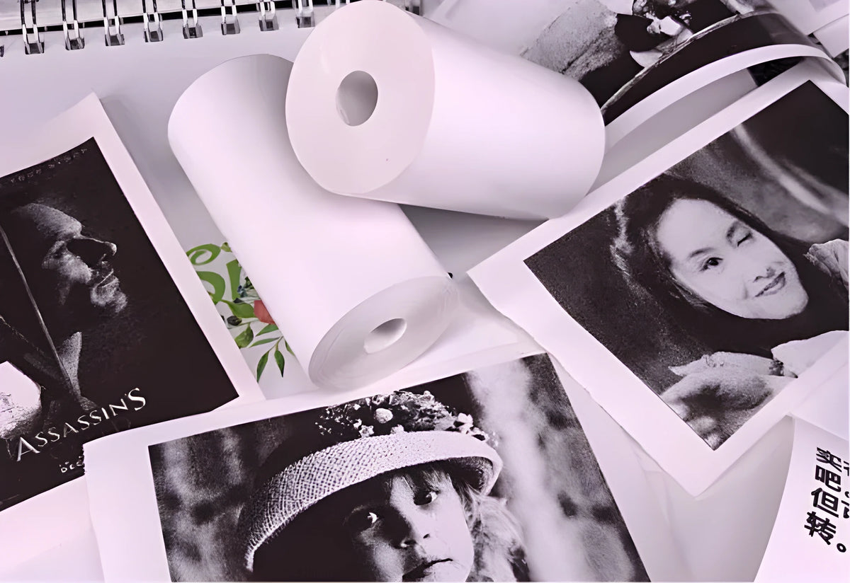 PerPage Mini wireless portable thermal printer paper rolls in regular, sticker and label styles, multiple colours