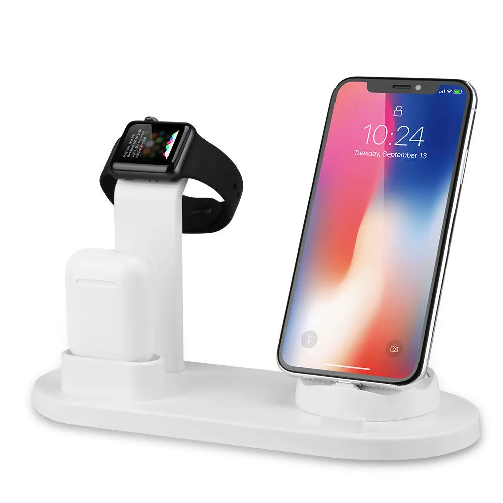 Three-in-one USB charging stand for wireless headphones in black and white colour options