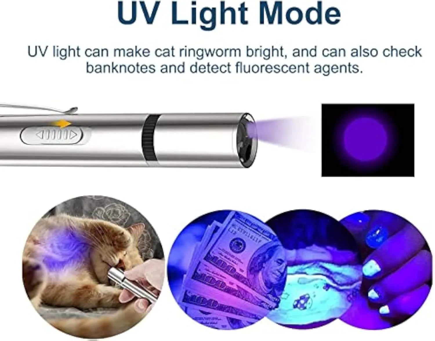 Silver aluminium alloy cat toy pointer with light patterns, metal clip, and USB charging port
