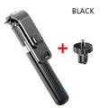 Black aluminium tripod selfie stick extended next to Apple iPhone