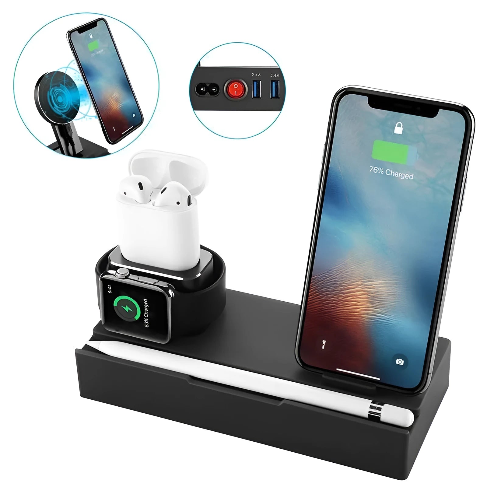 Black eight-in-one wireless charging station with bracket design showing five USB ports and wireless charging pad