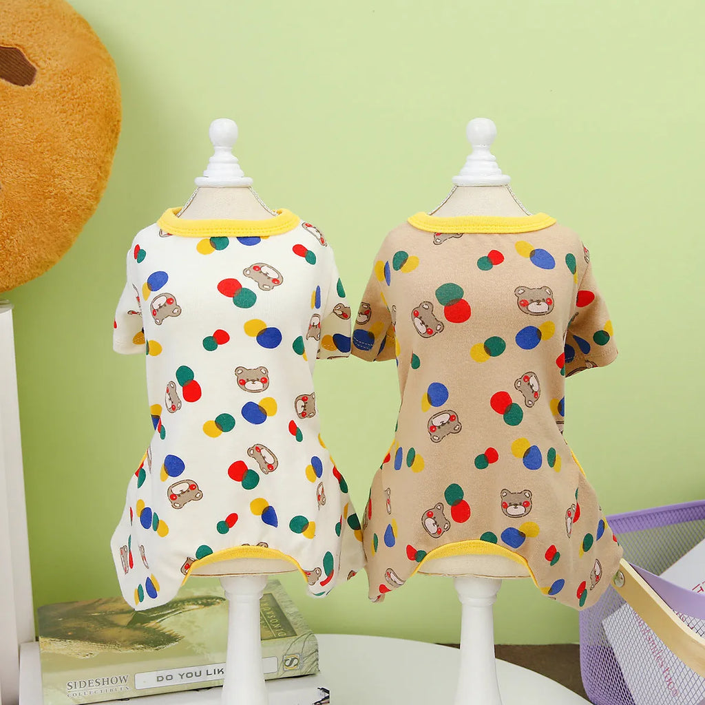 Beige dog jumper with colourful ball bear pattern, showing casual cotton spandex construction.