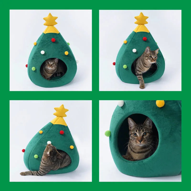 Red and green Christmas tree-shaped pet cave bed with removable cushion