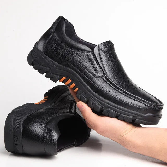Men's black and brown business casual slip-on loafers with cowhide leather upper