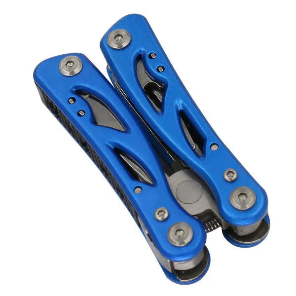 Blue multi-function stainless steel pliers with folding knife shown with Oxford storage bag