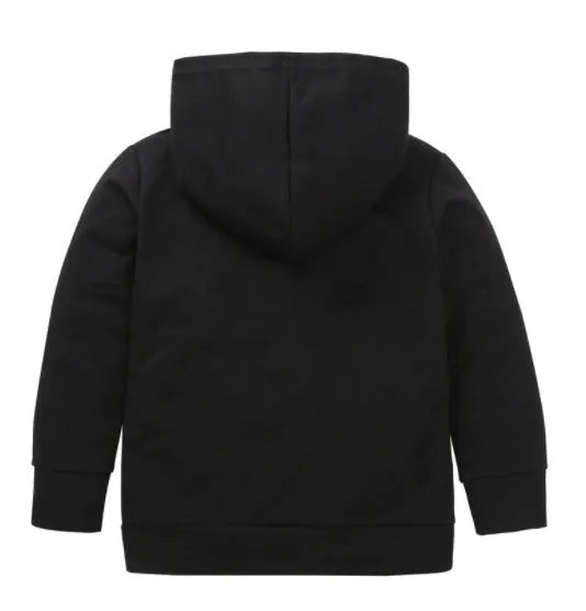 Boys' black hooded sweater with white letter pattern, long sleeves, and pullover style
