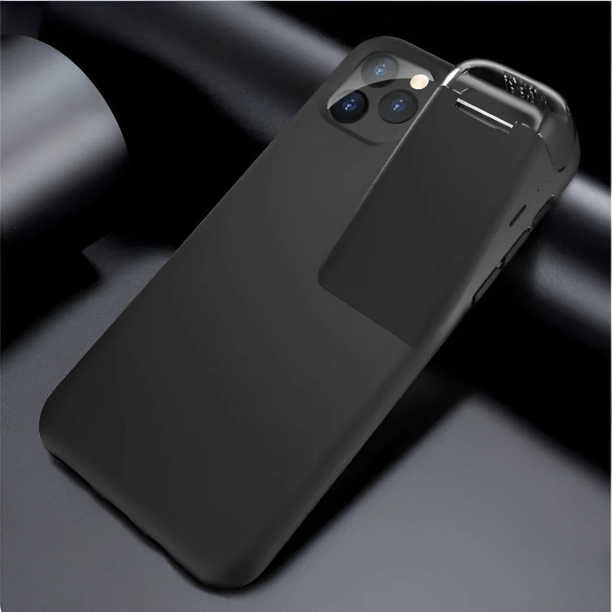 Black 2-in-1 iPhone case with integrated AirPods charging case slot on the back.