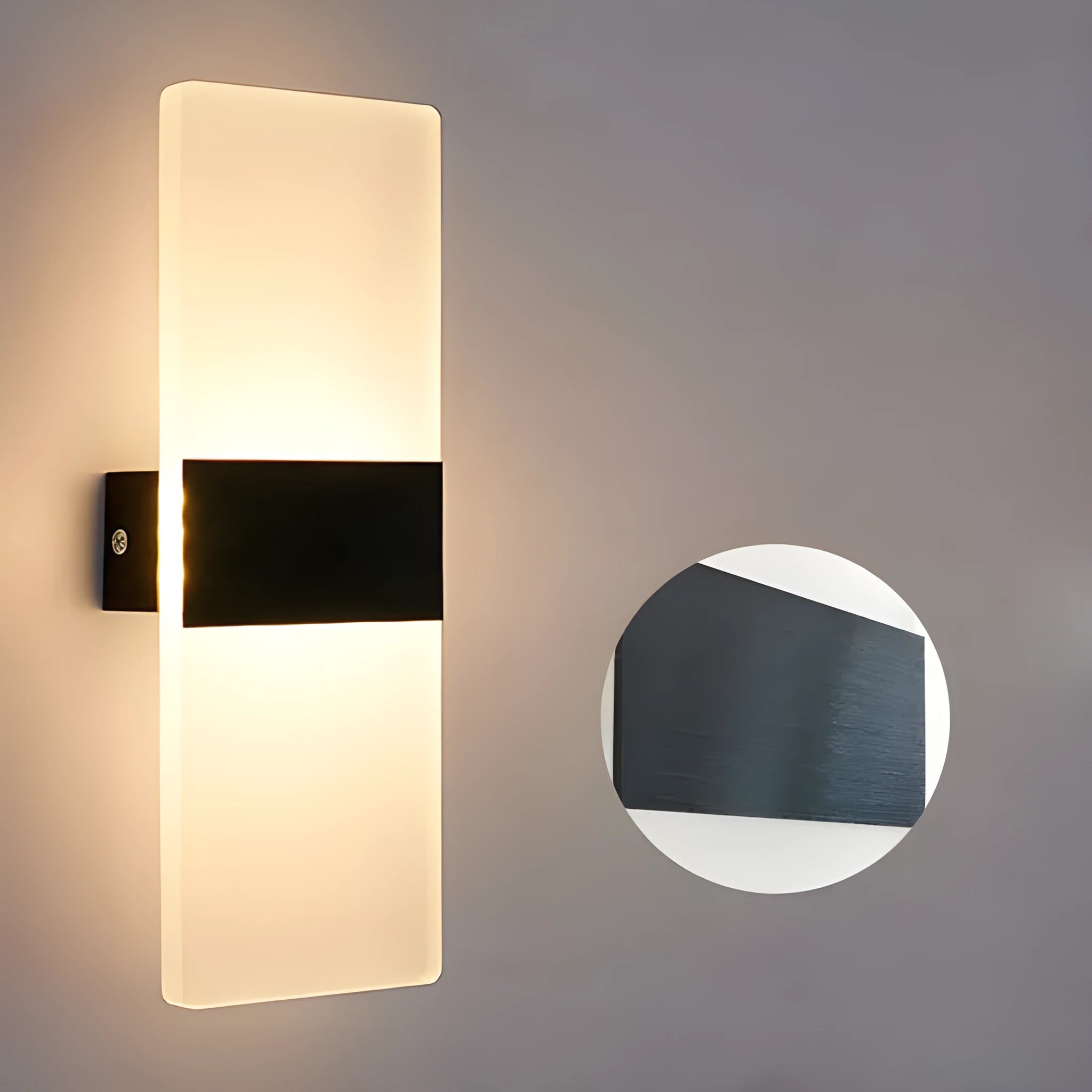 Modern rectangular acrylic LED wall lamp in silver finish measuring 27cm by 10cm