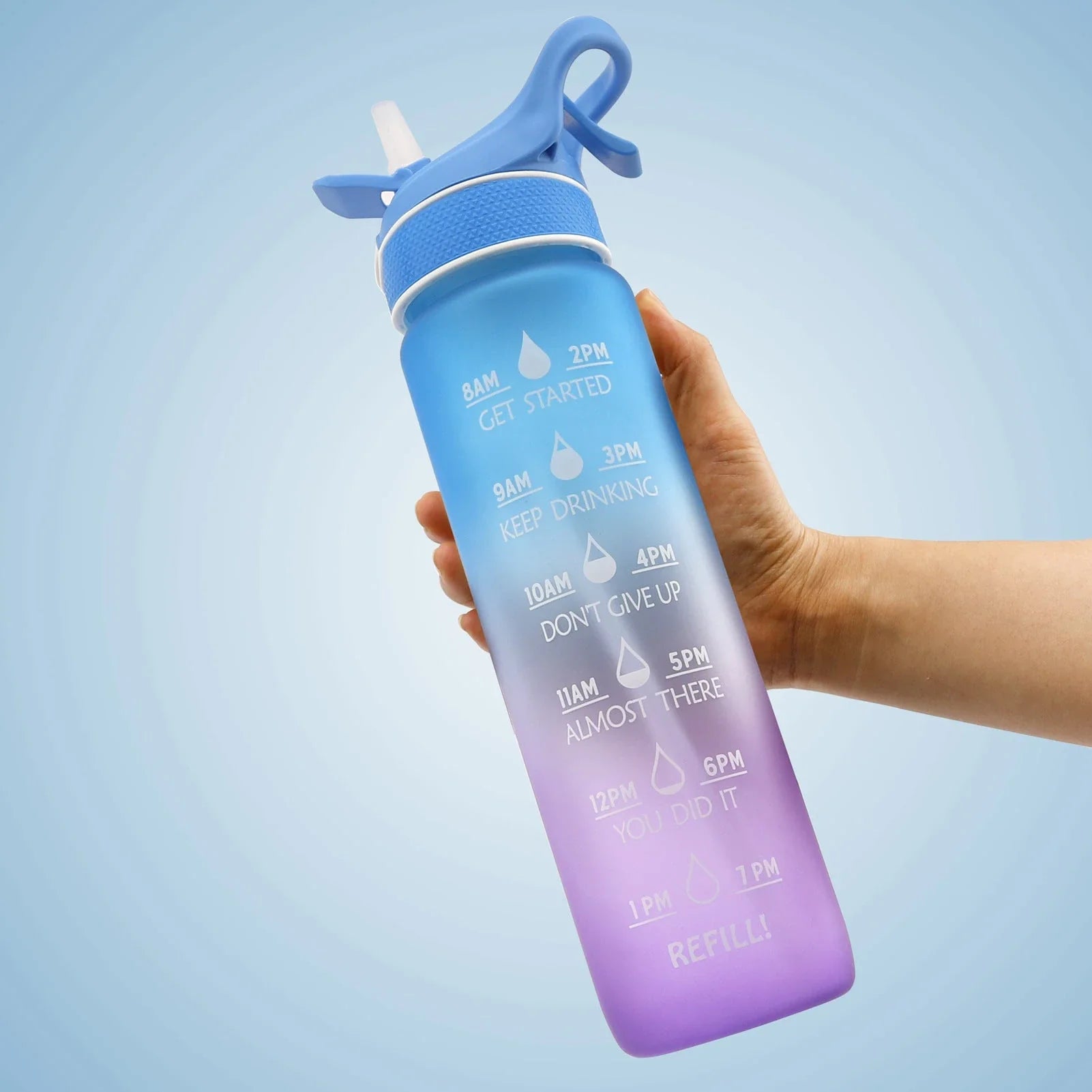 Premium reusable water bottle with one-touch open design, built-in sprayer, and personalized hydration tracking