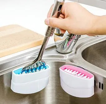 Creative cutlery design kitchen cleaning brush with suction cup in blue, green or pink colour options
