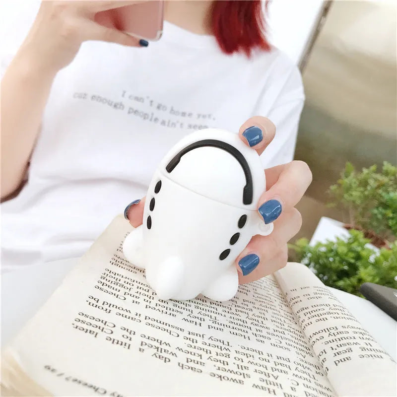 Silicone AirPods protective case with cartoon aeroplane headset design and metal hook