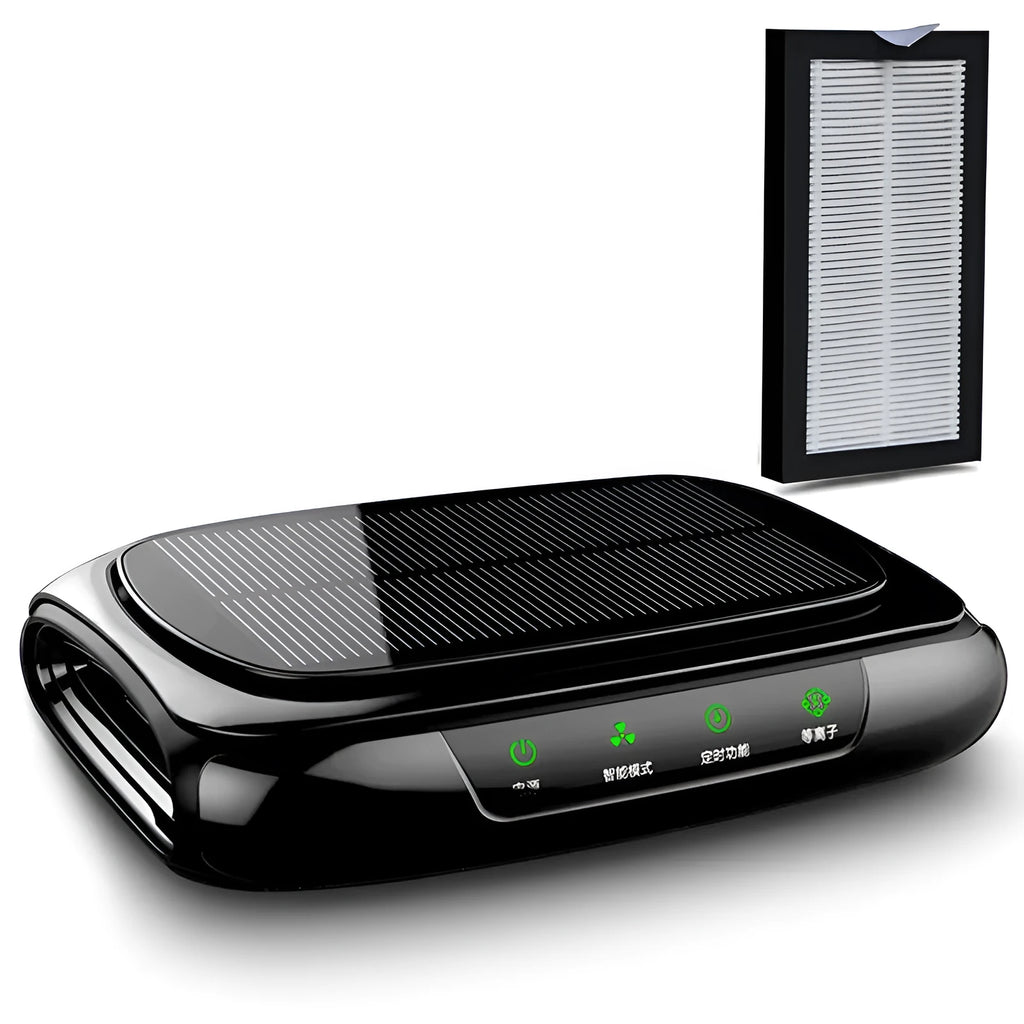 Solar car air purifier in black with HEPA filter and activated carbon for odour and dust removal