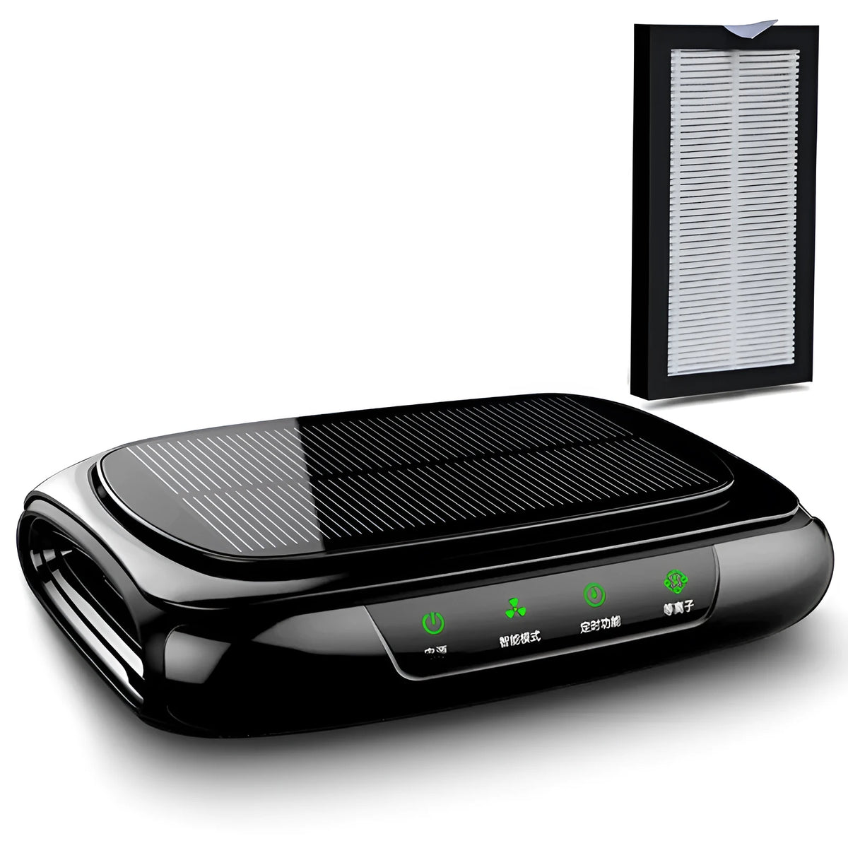 Solar car air purifier in black with HEPA filter and activated carbon for odour and dust removal