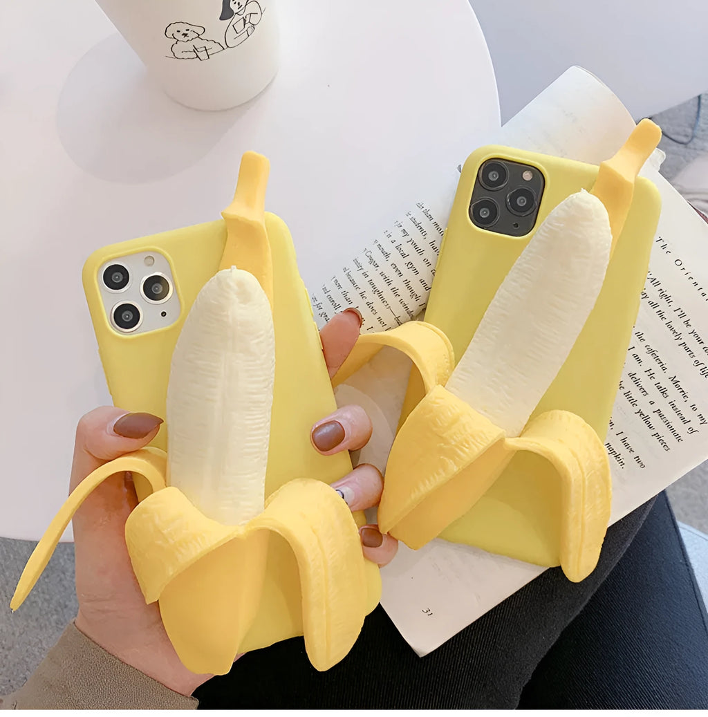 Yellow banana silicone iPhone case with unzip design showing seven protection features