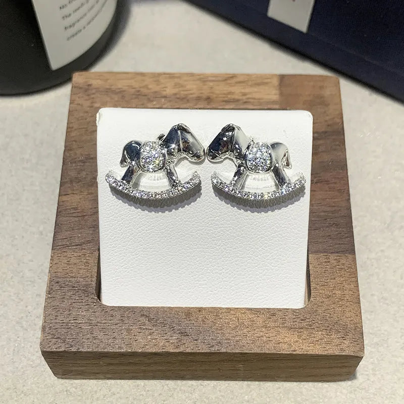Diamond studded rocking horse earrings for women in Gold or Silvery, light luxury occasion jewellery